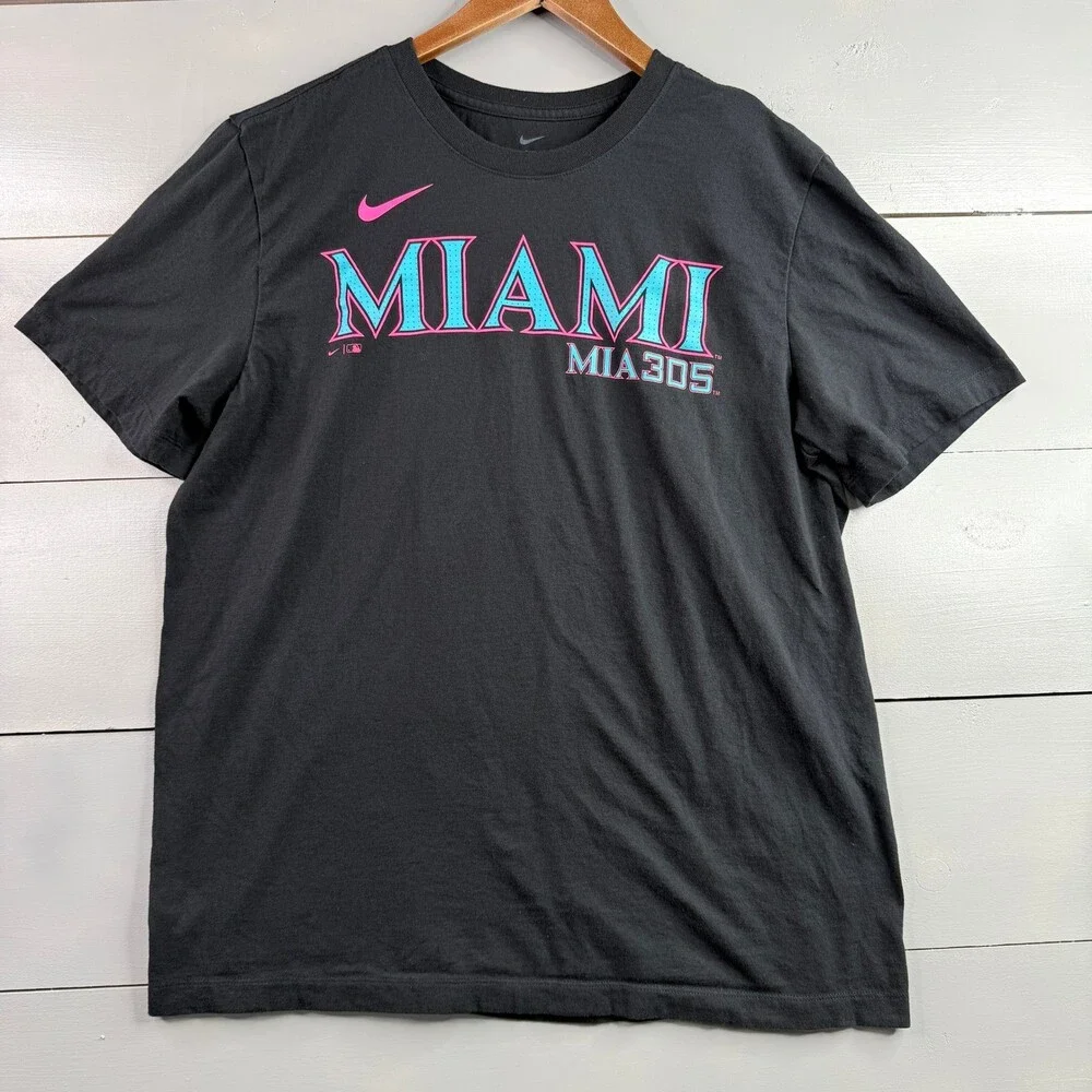 Nike Miami Marlins MLB City Connect T-Shirt Mens Large Black Pink Teal MIA 305